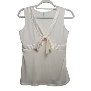Tempted Ivory V-Neck Blouse With Satin Detail And Tie Tank Bow Size Medium